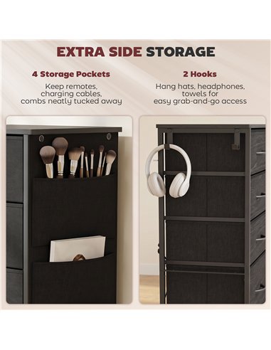 HOMCOM Chest of Drawers, Dresser with 8 Fabric Drawers, Tall Storage Unit with 4 Pockets and 2 Hooks Steel Frame, Black