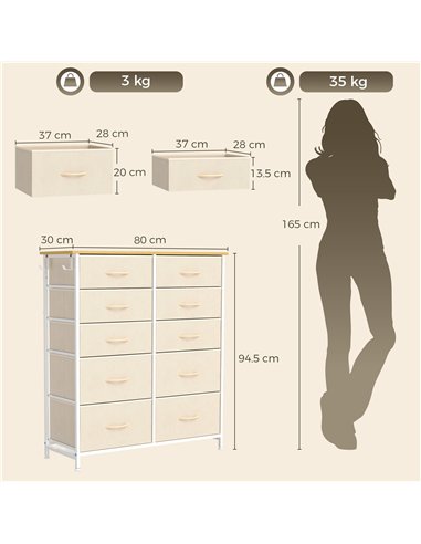 HOMCOM Chest of Drawers, Dresser with 10 Fabric Drawers, Tall Storage Unit with 4 Pockets and 2 Hooks Steel Frame, Beige