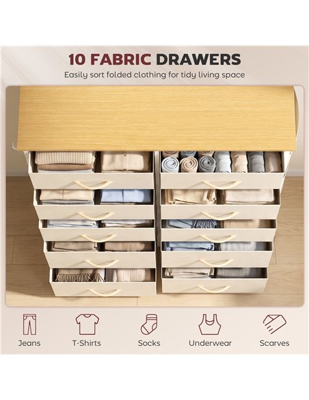 HOMCOM Chest of Drawers, Dresser with 10 Fabric Drawers, Tall Storage Unit with 4 Pockets and 2 Hooks Steel Frame, Beige - pic 205158 | FastDaddyshop