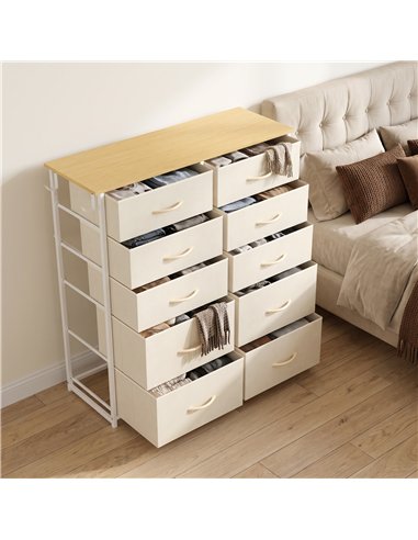 HOMCOM Chest of Drawers, Dresser with 10 Fabric Drawers, Tall Storage Unit with 4 Pockets and 2 Hooks Steel Frame, Beige