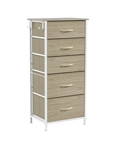 HOMCOM Chest of Drawers, Dresser with 5 Fabric Drawers, Tall Storage Unit with 4 Pockets and 2 Hooks Steel Frame, Natural Wood
