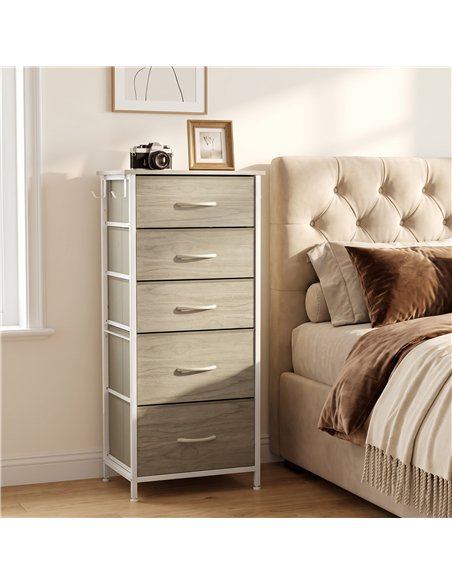 HOMCOM Chest of Drawers, Dresser with 5 Fabric Drawers, Tall Storage Unit with 4 Pockets and 2 Hooks Steel Frame, Natural Wood - pic 205165 | FastDaddyshop