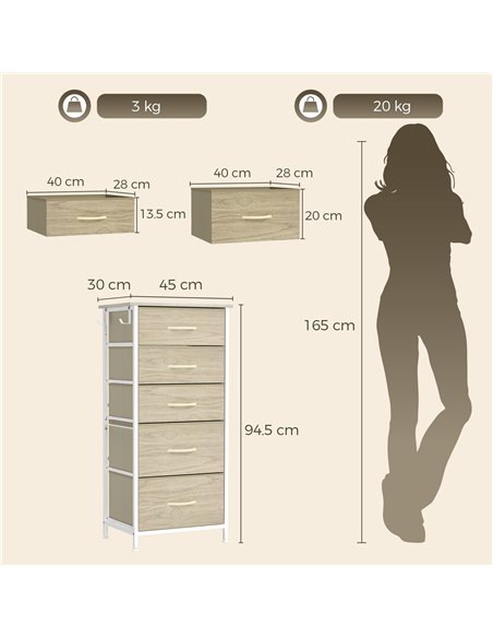 HOMCOM Chest of Drawers, Dresser with 5 Fabric Drawers, Tall Storage Unit with 4 Pockets and 2 Hooks Steel Frame, Natural Wood - pic 205166 | FastDaddyshop