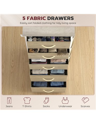 HOMCOM Chest of Drawers, Dresser with 5 Fabric Drawers, Tall Storage Unit with 4 Pockets and 2 Hooks Steel Frame, Natural Wood