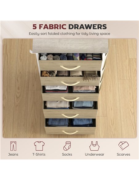 HOMCOM Chest of Drawers, Dresser with 5 Fabric Drawers, Tall Storage Unit with 4 Pockets and 2 Hooks Steel Frame, Natural Wood - pic 205167 | FastDaddyshop