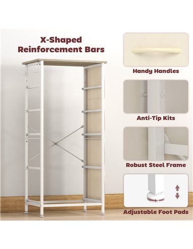 HOMCOM Chest of Drawers, Dresser with 5 Fabric Drawers, Tall Storage Unit with 4 Pockets and 2 Hooks Steel Frame, Natural Wood