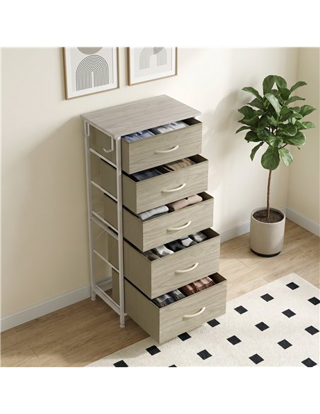 HOMCOM Chest of Drawers, Dresser with 5 Fabric Drawers, Tall Storage Unit with 4 Pockets and 2 Hooks Steel Frame, Natural Wood - pic 205171 | FastDaddyshop