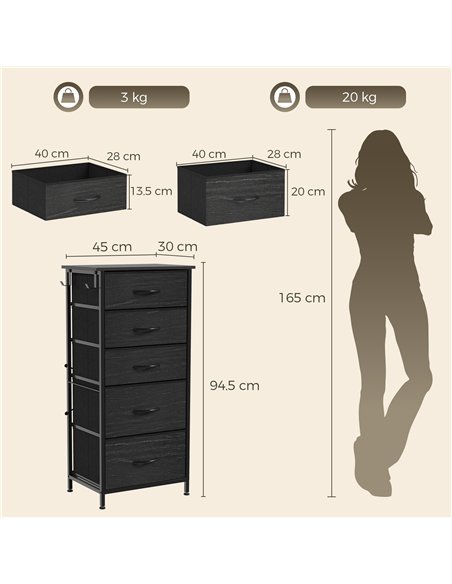 HOMCOM Chest of Drawers, Dresser with 5 Fabric Drawers, Tall Storage Unit with 4 Pockets and 2 Hooks, Steel Frame, Black - pic 205175 | FastDaddyshop