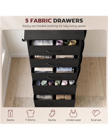 HOMCOM Chest of Drawers, Dresser with 5 Fabric Drawers, Tall Storage Unit with 4 Pockets and 2 Hooks, Steel Frame, Black