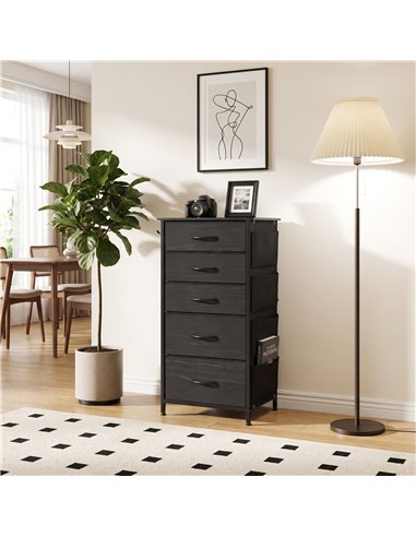 HOMCOM Chest of Drawers, Dresser with 5 Fabric Drawers, Tall Storage Unit with 4 Pockets and 2 Hooks, Steel Frame, Black