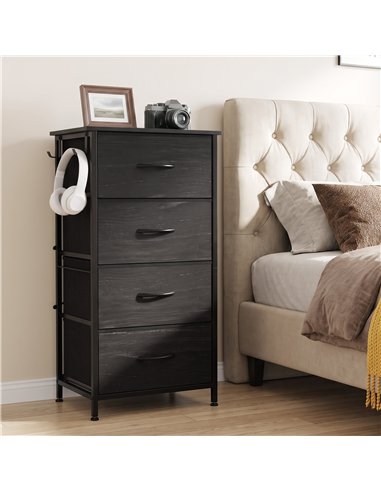 HOMCOM Chest of Drawers, Dresser with 4 Fabric Drawers, Tall Storage Unit with 4 Pockets and 2 Hooks, Steel Frame, Black