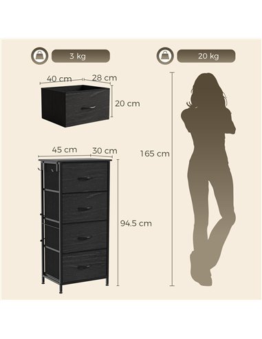 HOMCOM Chest of Drawers, Dresser with 4 Fabric Drawers, Tall Storage Unit with 4 Pockets and 2 Hooks, Steel Frame, Black