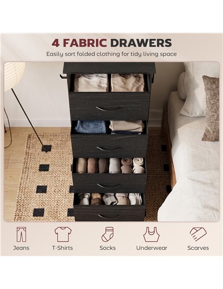 HOMCOM Chest of Drawers, Dresser with 4 Fabric Drawers, Tall Storage Unit with 4 Pockets and 2 Hooks, Steel Frame, Black - pic 205185 | FastDaddyshop