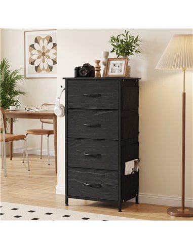 HOMCOM Chest of Drawers, Dresser with 4 Fabric Drawers, Tall Storage Unit with 4 Pockets and 2 Hooks, Steel Frame, Black
