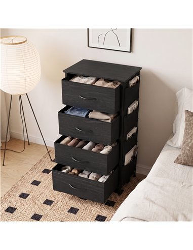 HOMCOM Chest of Drawers, Dresser with 4 Fabric Drawers, Tall Storage Unit with 4 Pockets and 2 Hooks, Steel Frame, Black