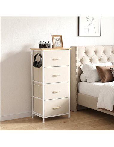 HOMCOM Chest of Drawers with 4 Fabric Drawers, Tall Storage Unit with 2 Hooks and Steel Frame for Bedroom, Beige