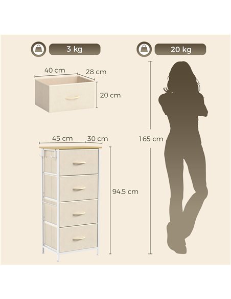 HOMCOM Chest of Drawers with 4 Fabric Drawers, Tall Storage Unit with 2 Hooks and Steel Frame for Bedroom, Beige - pic 205193 | FastDaddyshop
