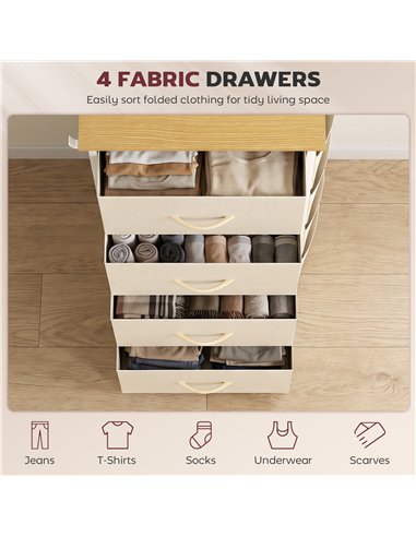 HOMCOM Chest of Drawers with 4 Fabric Drawers, Tall Storage Unit with 2 Hooks and Steel Frame for Bedroom, Beige