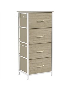 HOMCOM Chest of Drawers, Dresser with 4 Fabric Drawers, Tall Storage Unit with 4 Pockets and 2 Hooks, Steel Frame, Natural Wood