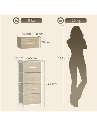 HOMCOM Chest of Drawers, Dresser with 4 Fabric Drawers, Tall Storage Unit with 4 Pockets and 2 Hooks, Steel Frame, Natural Wood