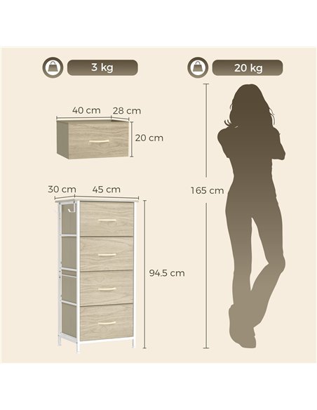 HOMCOM Chest of Drawers, Dresser with 4 Fabric Drawers, Tall Storage Unit with 4 Pockets and 2 Hooks, Steel Frame, Natural Wood - pic 205202 | FastDaddyshop
