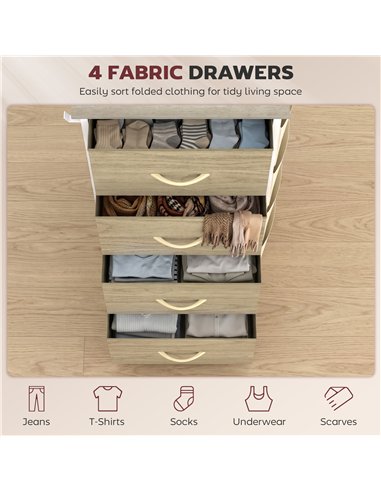 HOMCOM Chest of Drawers, Dresser with 4 Fabric Drawers, Tall Storage Unit with 4 Pockets and 2 Hooks, Steel Frame, Natural Wood