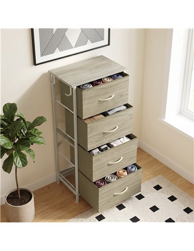 HOMCOM Chest of Drawers, Dresser with 4 Fabric Drawers, Tall Storage Unit with 4 Pockets and 2 Hooks, Steel Frame, Natural Wood