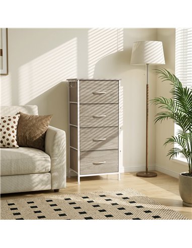 HOMCOM Chest of Drawers, Dresser with 4 Fabric Drawers, Tall Storage Unit with 4 Pockets and 2 Hooks, Steel Frame, Natural Wood