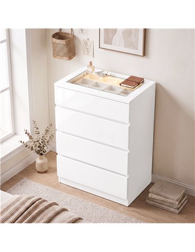 HOMCOM High Gloss 4 Drawer Chest of Drawers with Glass Top and RGB LED Lights, Dresser with Jewelry Organizer, APP Control