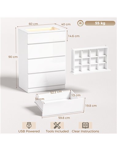 HOMCOM High Gloss 4 Drawer Chest of Drawers with Glass Top and RGB LED Lights, Dresser with Jewelry Organizer, APP Control