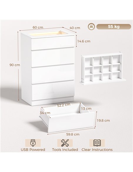 HOMCOM High Gloss 4 Drawer Chest of Drawers with Glass Top and RGB LED Lights, Dresser with Jewelry Organizer, APP Control - pic 205211 | FastDaddyshop
