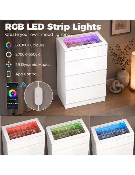 HOMCOM High Gloss 4 Drawer Chest of Drawers with Glass Top and RGB LED Lights, Dresser with Jewelry Organizer, APP Control - pic 205213 | FastDaddyshop