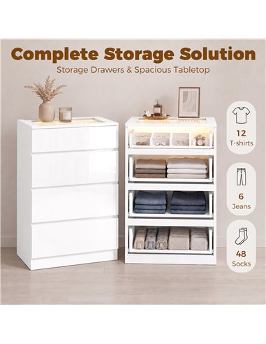 HOMCOM High Gloss 4 Drawer Chest of Drawers with Glass Top and RGB LED Lights, Dresser with Jewelry Organizer, APP Control