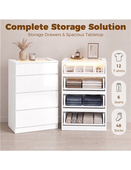 HOMCOM High Gloss 4 Drawer Chest of Drawers with Glass Top and RGB LED Lights, Dresser with Jewelry Organizer, APP Control - pic 205214 | FastDaddyshop