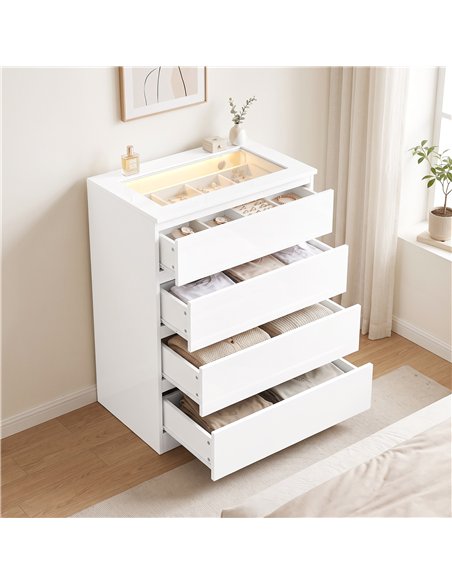 HOMCOM High Gloss 4 Drawer Chest of Drawers with Glass Top and RGB LED Lights, Dresser with Jewelry Organizer, APP Control - pic 205216 | FastDaddyshop