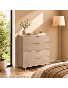 HOMCOM Bedroom Chest of Drawers with 4 Drawers, Fluted Dresser with Gold Tone Handles, Storage Cabinet, Natural 2