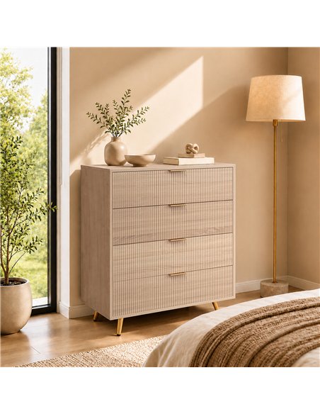 HOMCOM Bedroom Chest of Drawers with 4 Drawers, Fluted Dresser with Gold Tone Handles, Storage Cabinet, Natural - pic 205219 | FastDaddyshop