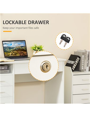 HOMCOM Home Office Computer Desk with Lockable Drawer, Storage Shelf, White