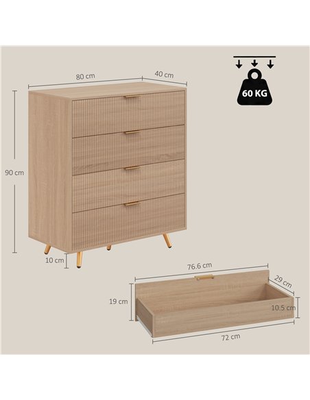 HOMCOM Bedroom Chest of Drawers with 4 Drawers, Fluted Dresser with Gold Tone Handles, Storage Cabinet, Natural - pic 205220 | FastDaddyshop