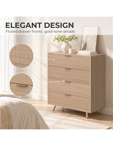 HOMCOM Bedroom Chest of Drawers with 4 Drawers, Fluted Dresser with Gold Tone Handles, Storage Cabinet, Natural