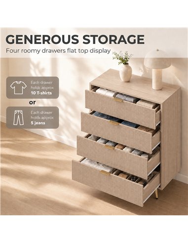 HOMCOM Bedroom Chest of Drawers with 4 Drawers, Fluted Dresser with Gold Tone Handles, Storage Cabinet, Natural