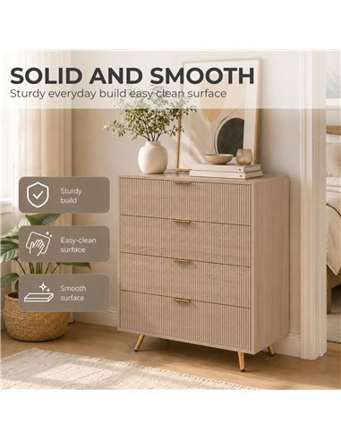 HOMCOM Bedroom Chest of Drawers with 4 Drawers, Fluted Dresser with Gold Tone Handles, Storage Cabinet, Natural