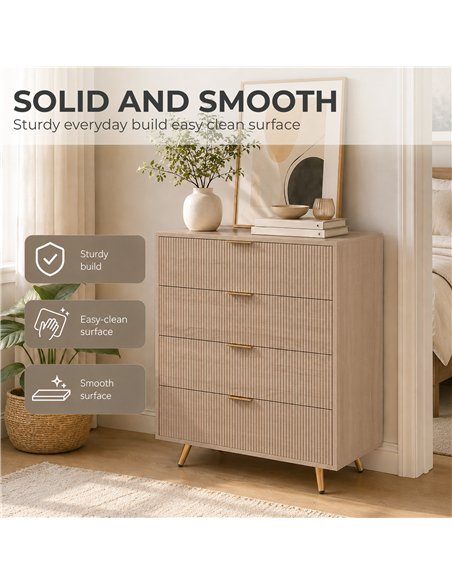 HOMCOM Bedroom Chest of Drawers with 4 Drawers, Fluted Dresser with Gold Tone Handles, Storage Cabinet, Natural - pic 205223 | FastDaddyshop
