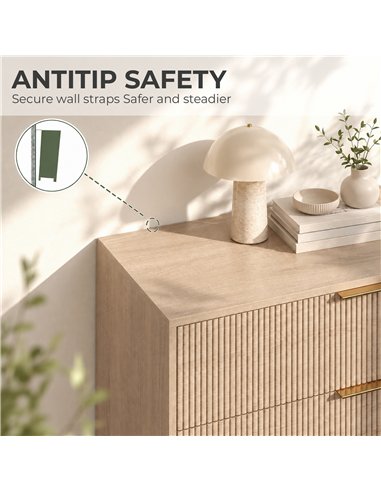 HOMCOM Bedroom Chest of Drawers with 4 Drawers, Fluted Dresser with Gold Tone Handles, Storage Cabinet, Natural