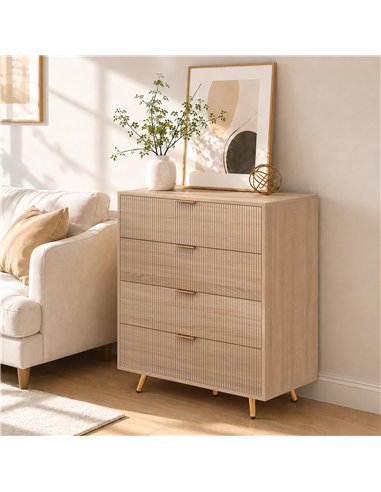 HOMCOM Bedroom Chest of Drawers with 4 Drawers, Fluted Dresser with Gold Tone Handles, Storage Cabinet, Natural
