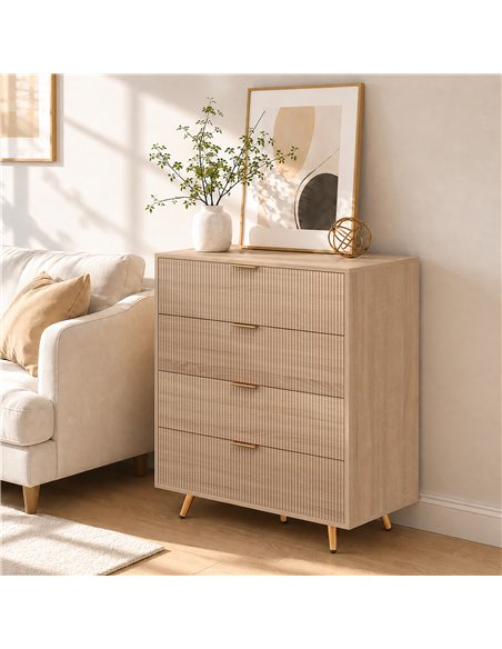 HOMCOM Bedroom Chest of Drawers with 4 Drawers, Fluted Dresser with Gold Tone Handles, Storage Cabinet, Natural - pic 205225 | FastDaddyshop