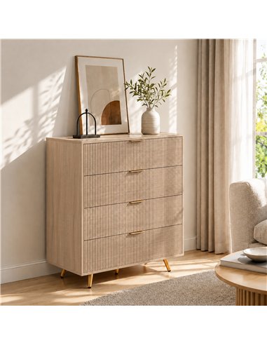 HOMCOM Bedroom Chest of Drawers with 4 Drawers, Fluted Dresser with Gold Tone Handles, Storage Cabinet, Natural
