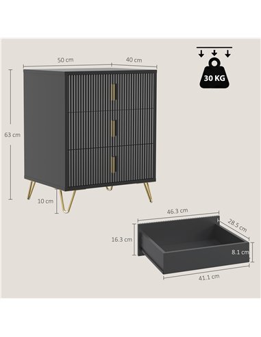 HOMCOM Modern 3-Drawer Dresser, Fluted Bedroom Dresser Chest of Drawers with Metal Legs and Steel Handles for Bedroom, Black