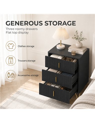 HOMCOM Modern 3-Drawer Dresser, Fluted Bedroom Dresser Chest of Drawers with Metal Legs and Steel Handles for Bedroom, Black