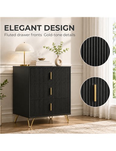 HOMCOM Modern 3-Drawer Dresser, Fluted Bedroom Dresser Chest of Drawers with Metal Legs and Steel Handles for Bedroom, Black